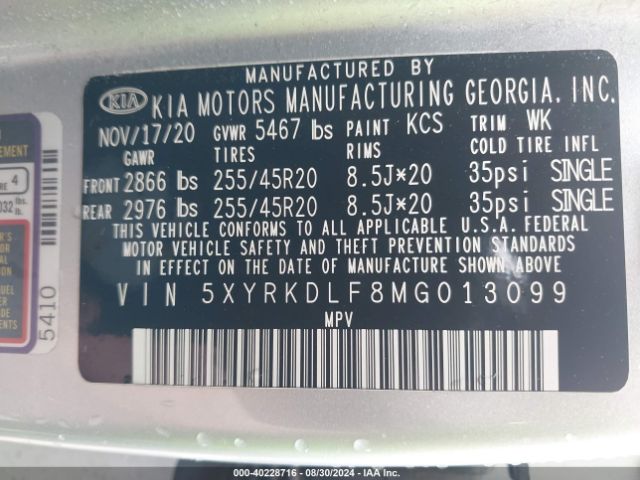 Photo 8 VIN: 5XYRKDLF8MG013099 - KIA SORENTO 