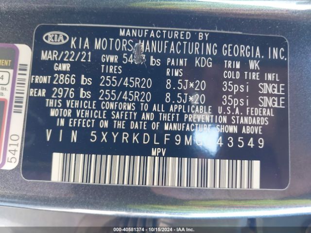 Photo 8 VIN: 5XYRKDLF9MG043549 - KIA SORENTO 