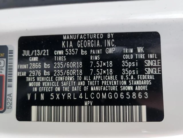 Photo 13 VIN: 5XYRL4LC0MG065863 - KIA SORENTO S 