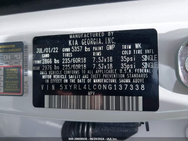 Photo 8 VIN: 5XYRL4LC0NG137338 - KIA SORENTO 