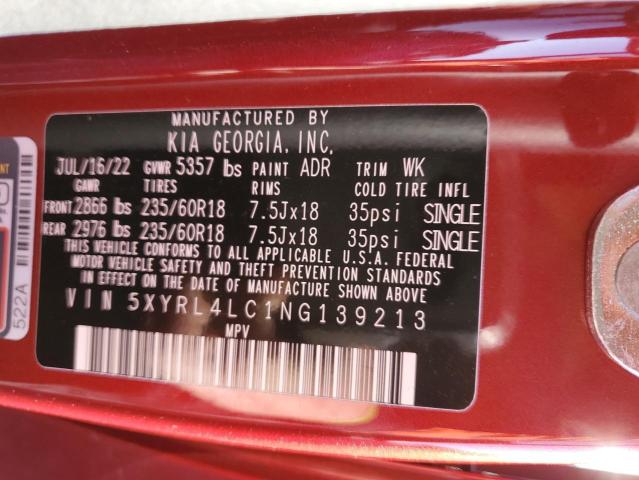 Photo 12 VIN: 5XYRL4LC1NG139213 - KIA SORENTO S 