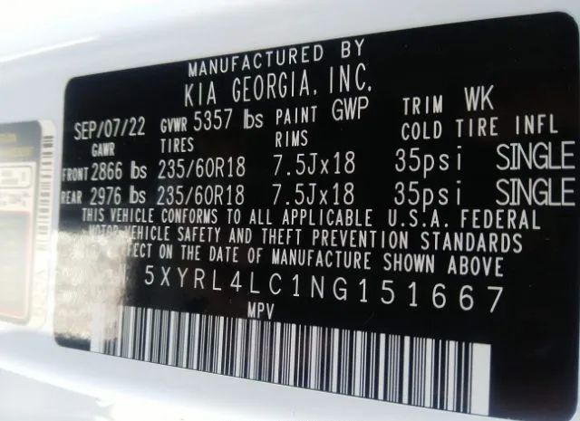 Photo 8 VIN: 5XYRL4LC1NG151667 - KIA SORENTO 