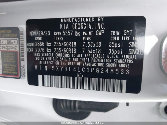 Photo 8 VIN: 5XYRL4LC1PG248533 - KIA SORENTO 