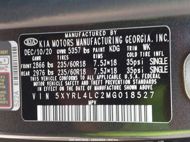 Photo 8 VIN: 5XYRL4LC2MG018527 - KIA SORENTO 