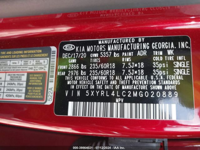 Photo 8 VIN: 5XYRL4LC2MG020889 - KIA SORENTO 