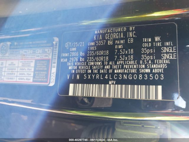 Photo 8 VIN: 5XYRL4LC3NG083503 - KIA SORENTO 