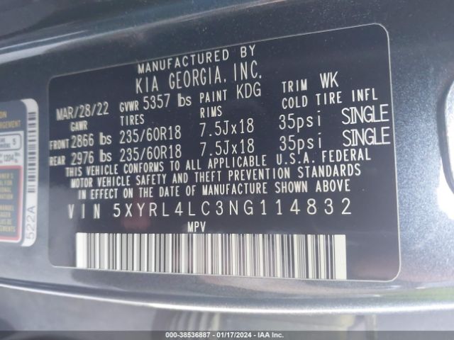 Photo 8 VIN: 5XYRL4LC3NG114832 - KIA SORENTO 