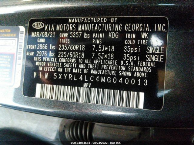 Photo 8 VIN: 5XYRL4LC4MG040013 - KIA SORENTO 