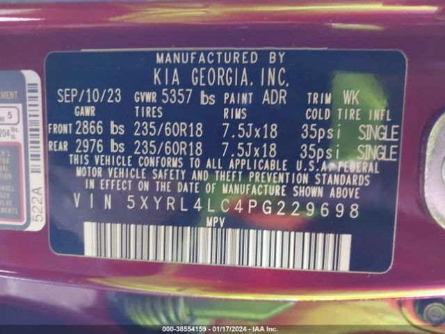 Photo 8 VIN: 5XYRL4LC4PG229698 - KIA SORENTO 