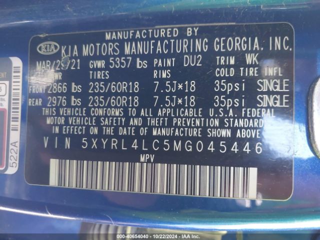 Photo 8 VIN: 5XYRL4LC5MG045446 - KIA SORENTO 