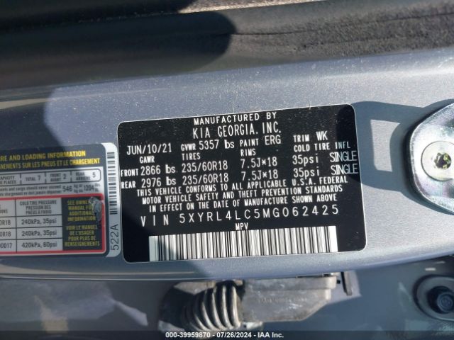 Photo 8 VIN: 5XYRL4LC5MG062425 - KIA SORENTO 