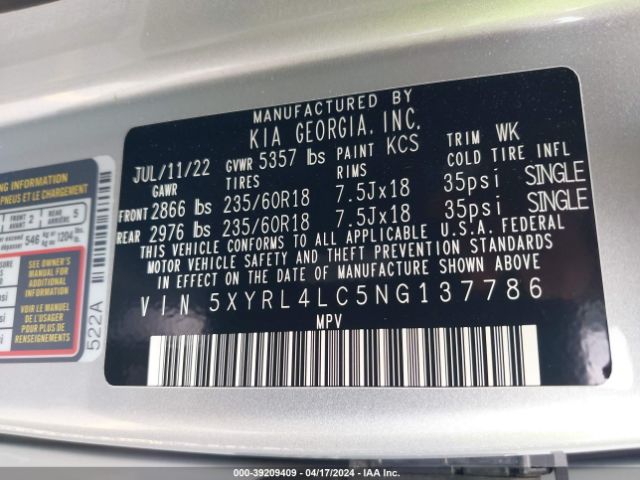 Photo 8 VIN: 5XYRL4LC5NG137786 - KIA SORENTO 