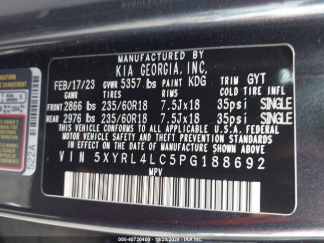 Photo 8 VIN: 5XYRL4LC5PG188692 - KIA SORENTO 