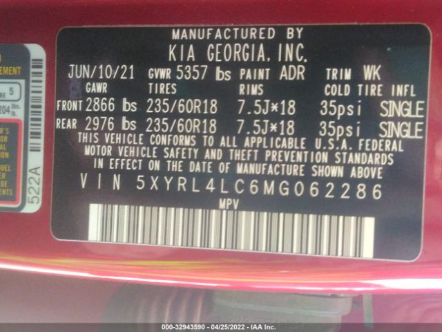 Photo 8 VIN: 5XYRL4LC6MG062286 - KIA SORENTO 