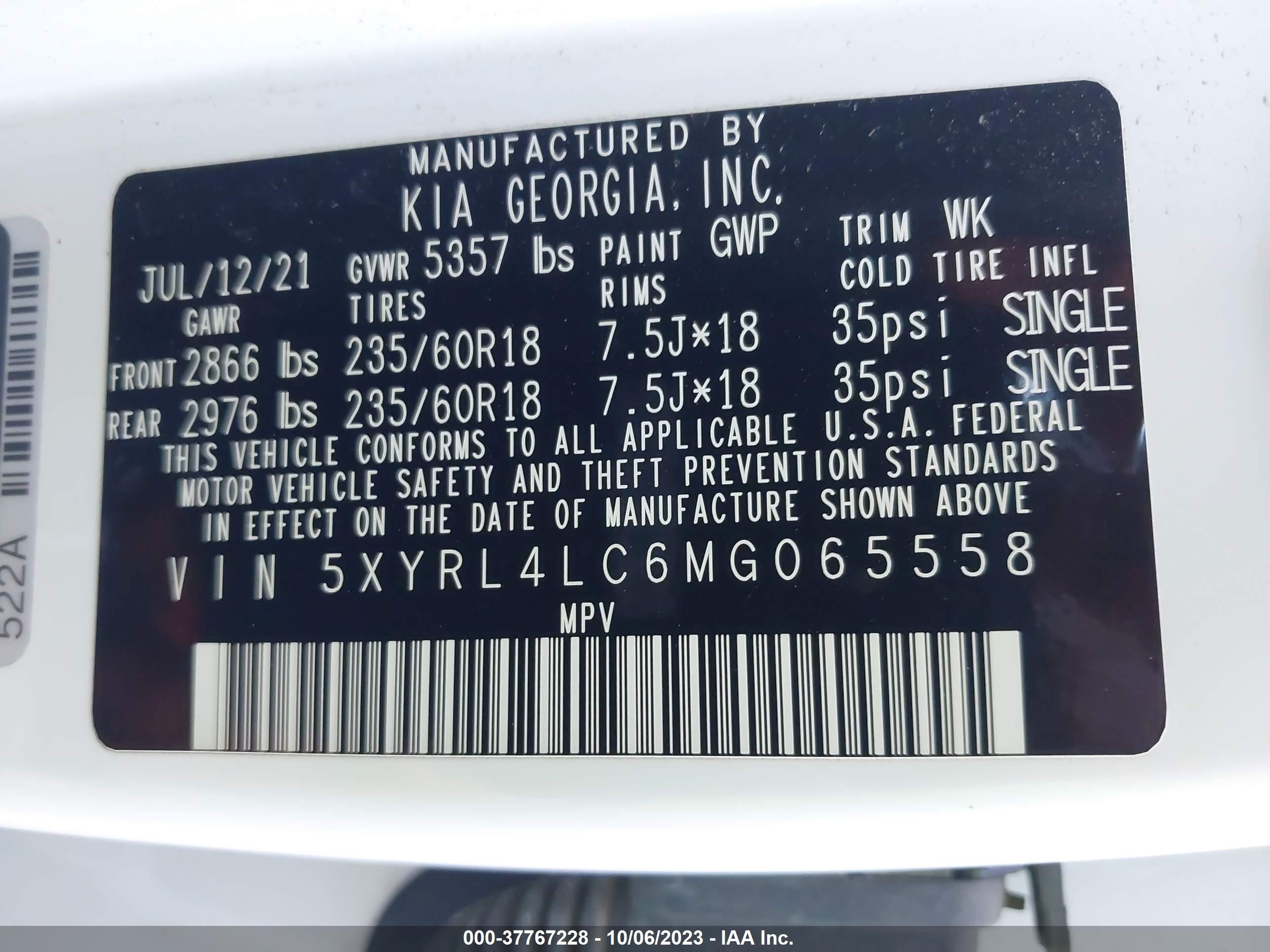 Photo 8 VIN: 5XYRL4LC6MG065558 - KIA SORENTO 