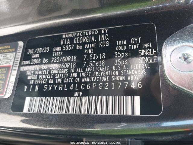 Photo 8 VIN: 5XYRL4LC6PG217746 - KIA SORENTO 