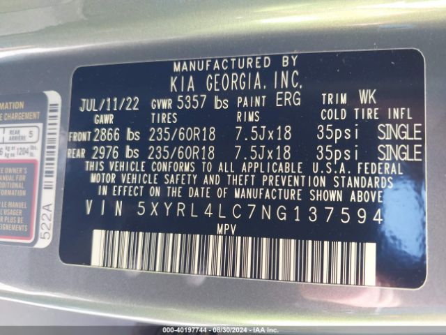 Photo 8 VIN: 5XYRL4LC7NG137594 - KIA SORENTO 