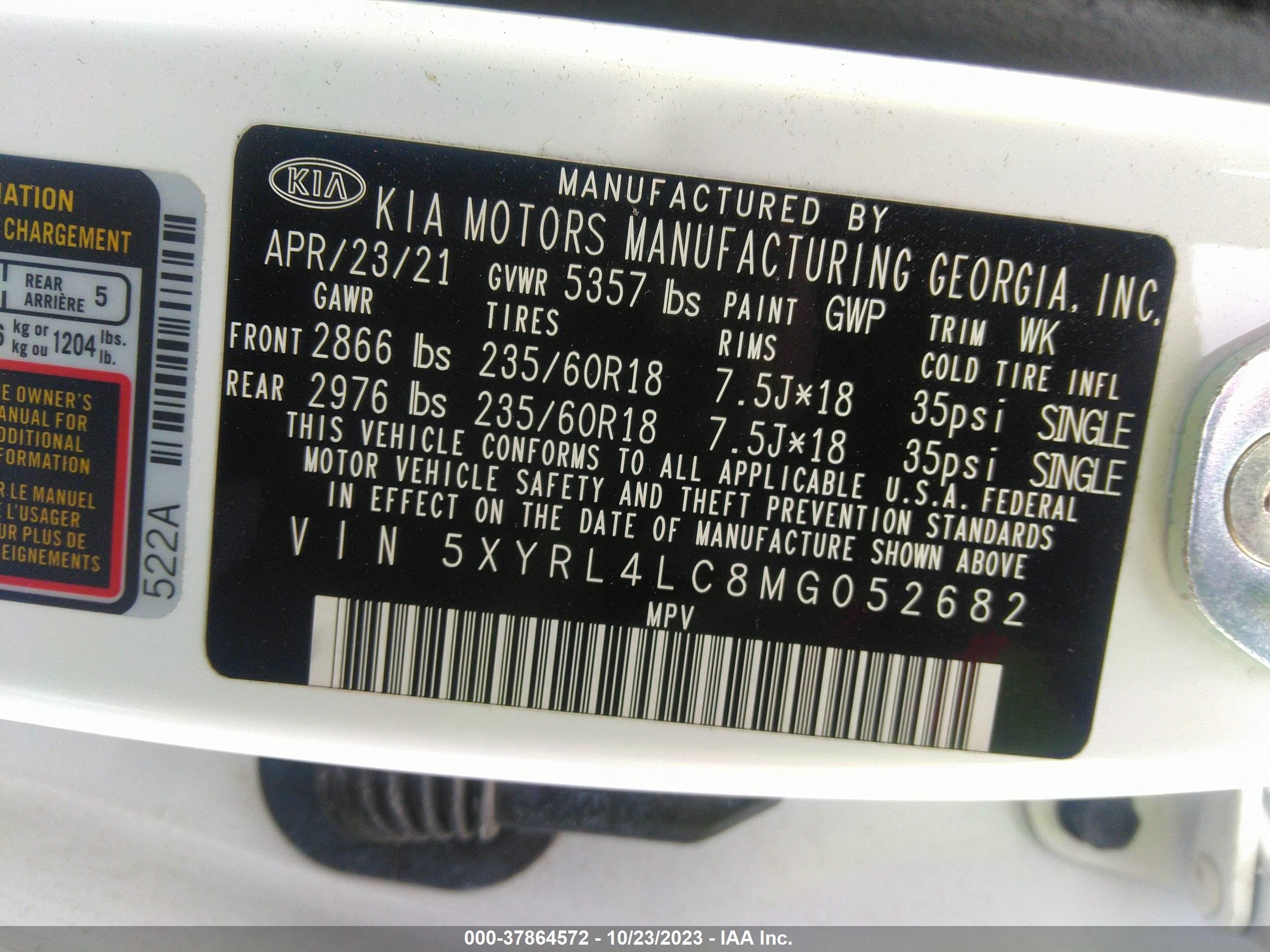 Photo 8 VIN: 5XYRL4LC8MG052682 - KIA SORENTO 