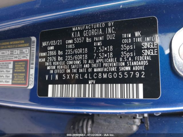 Photo 8 VIN: 5XYRL4LC8MG055792 - KIA SORENTO 