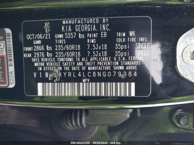 Photo 8 VIN: 5XYRL4LC8NG079284 - KIA SORENTO 