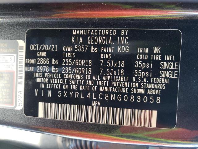 Photo 9 VIN: 5XYRL4LC8NG083058 - KIA SORENTO S 