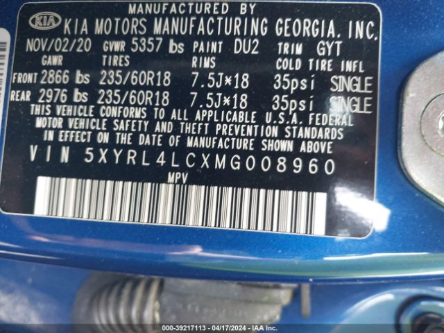 Photo 8 VIN: 5XYRL4LCXMG008960 - KIA SORENTO 