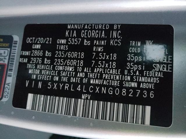 Photo 12 VIN: 5XYRL4LCXNG082736 - KIA SORENTO S 