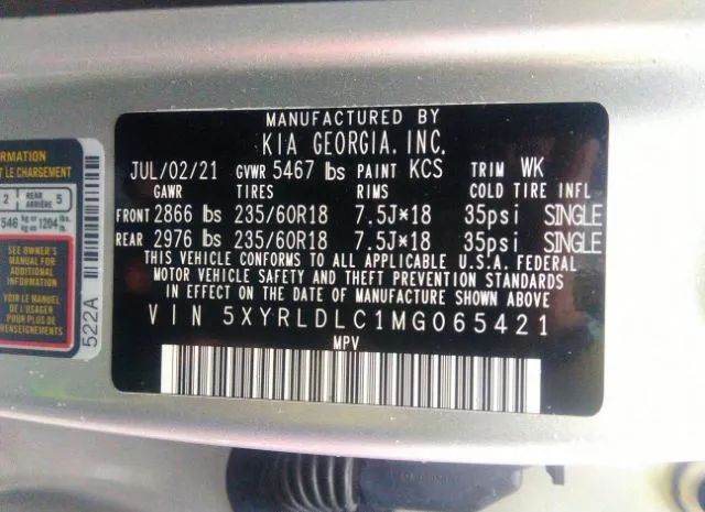 Photo 8 VIN: 5XYRLDLC1MG065421 - KIA SORENTO 