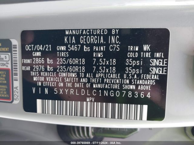 Photo 8 VIN: 5XYRLDLC1NG078364 - KIA SORENTO 