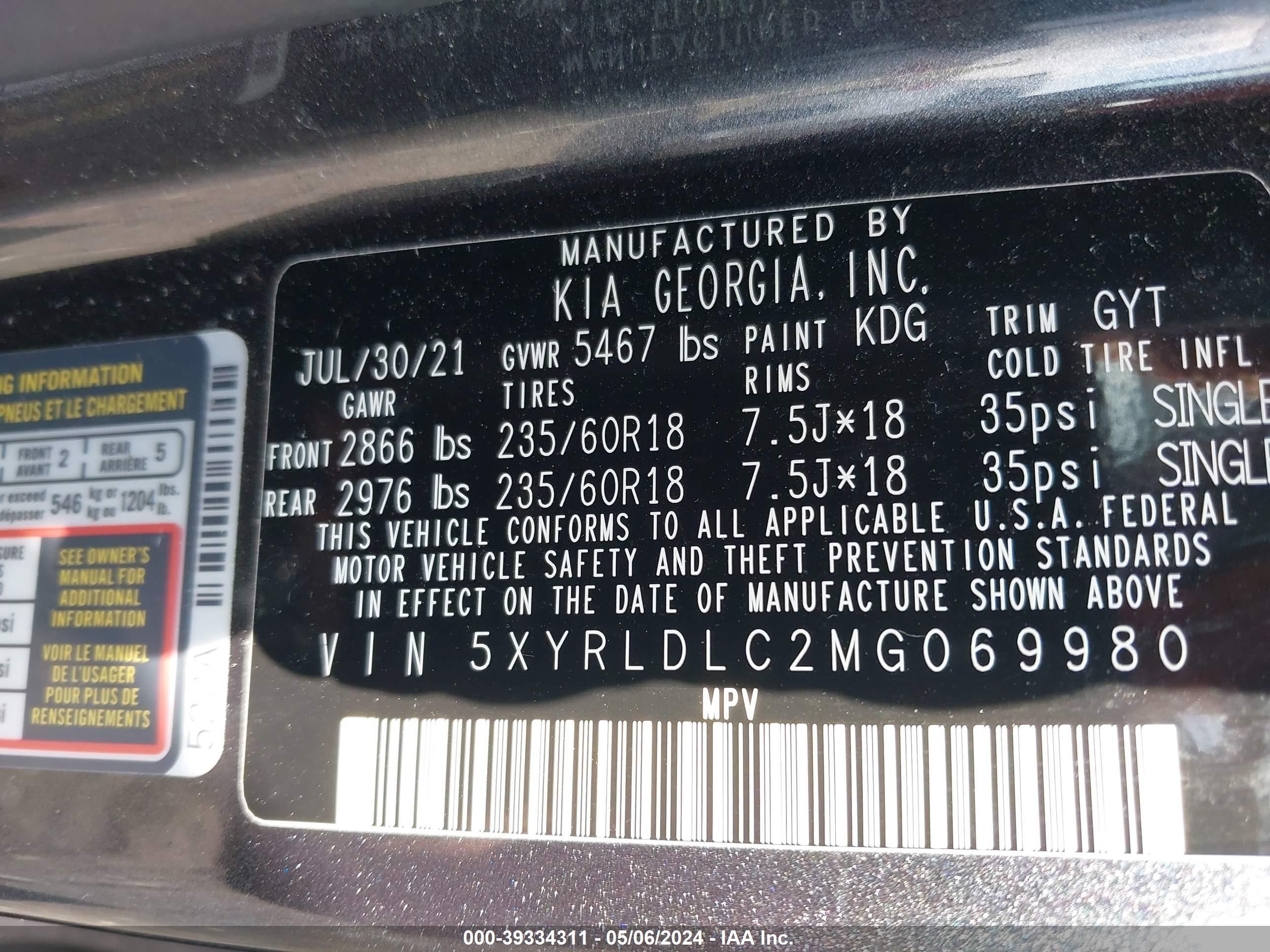 Photo 8 VIN: 5XYRLDLC2MG069980 - KIA SORENTO 