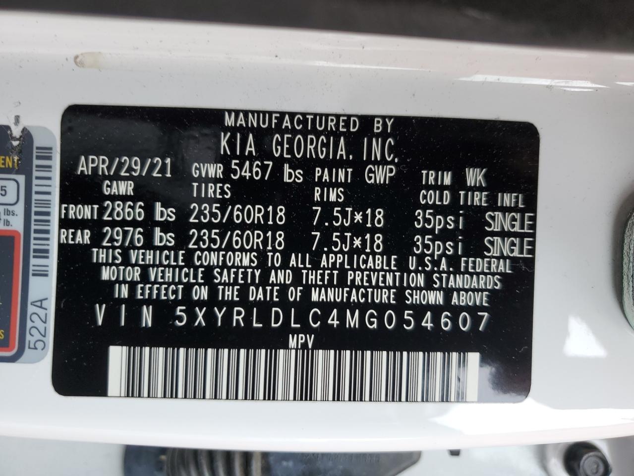 Photo 12 VIN: 5XYRLDLC4MG054607 - KIA SORENTO 