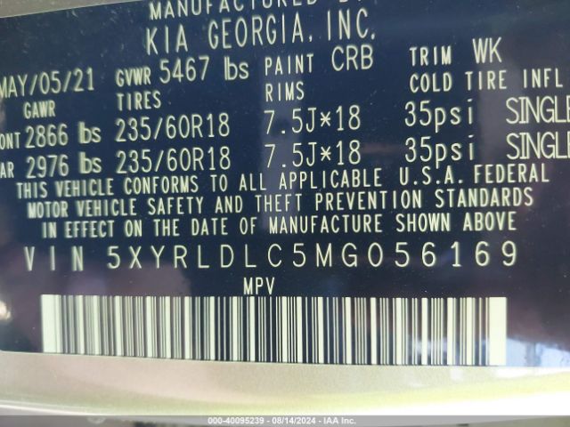 Photo 8 VIN: 5XYRLDLC5MG056169 - KIA SORENTO 