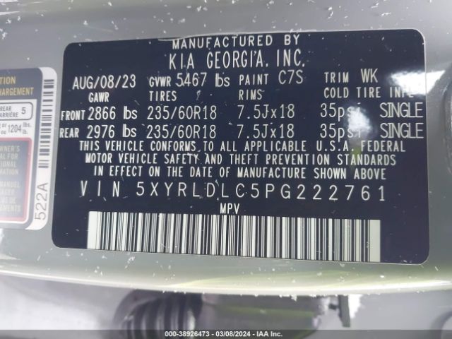 Photo 8 VIN: 5XYRLDLC5PG222761 - KIA SORENTO 