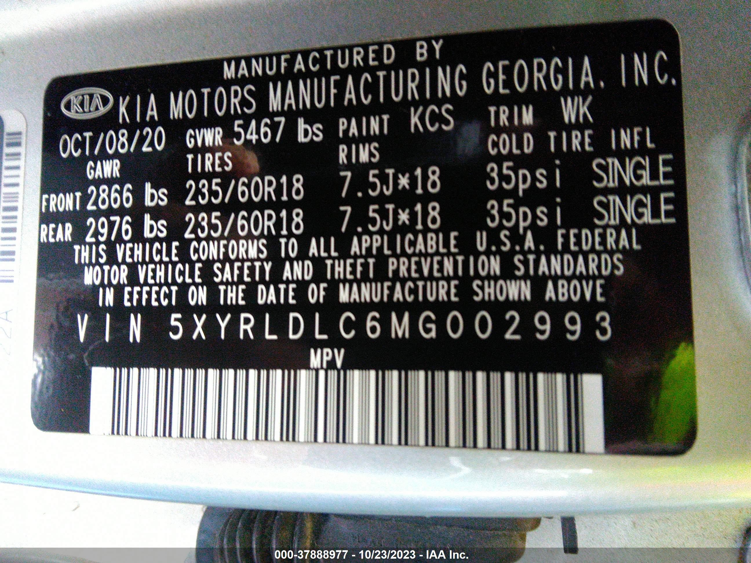 Photo 8 VIN: 5XYRLDLC6MG002993 - KIA SORENTO 