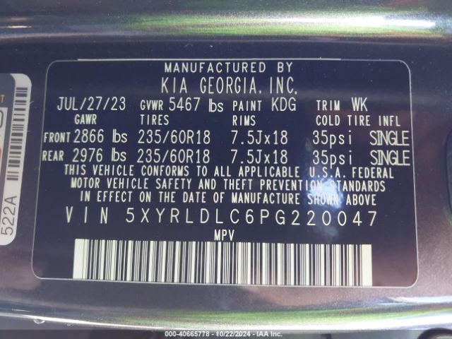 Photo 8 VIN: 5XYRLDLC6PG220047 - KIA SORENTO 