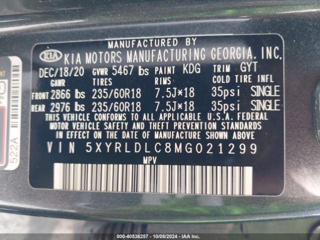 Photo 8 VIN: 5XYRLDLC8MG021299 - KIA SORENTO 