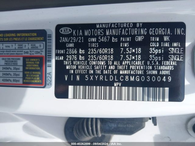 Photo 8 VIN: 5XYRLDLC8MG030049 - KIA SORENTO 