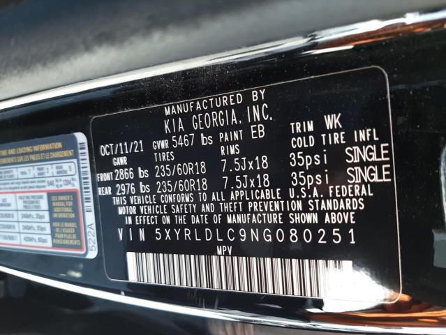 Photo 9 VIN: 5XYRLDLC9NG080251 - KIA SORENTO S 