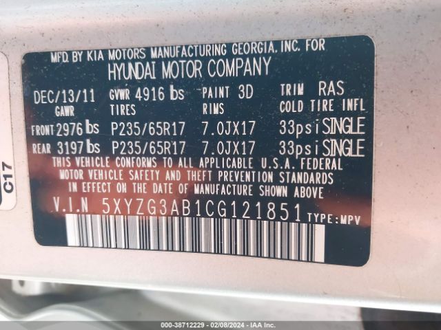 Photo 8 VIN: 5XYZG3AB1CG121851 - HYUNDAI SANTA FE 