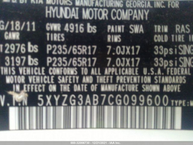 Photo 8 VIN: 5XYZG3AB7CG099600 - HYUNDAI SANTA FE 