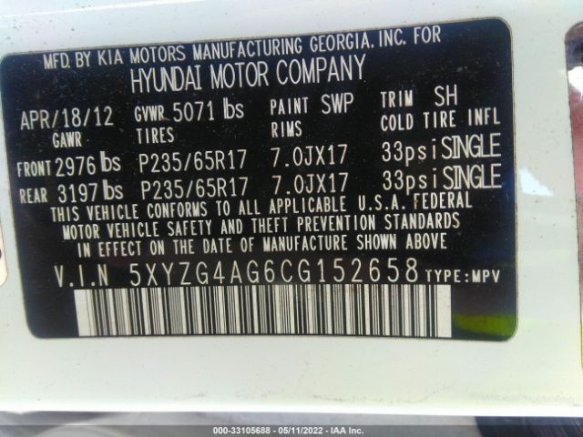 Photo 8 VIN: 5XYZG4AG6CG152658 - HYUNDAI SANTA FE 