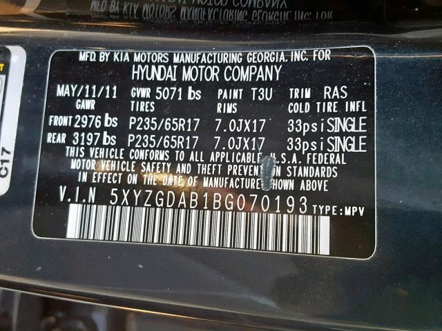 Photo 9 VIN: 5XYZGDAB1BG070193 - HYUNDAI SANTA FE G 