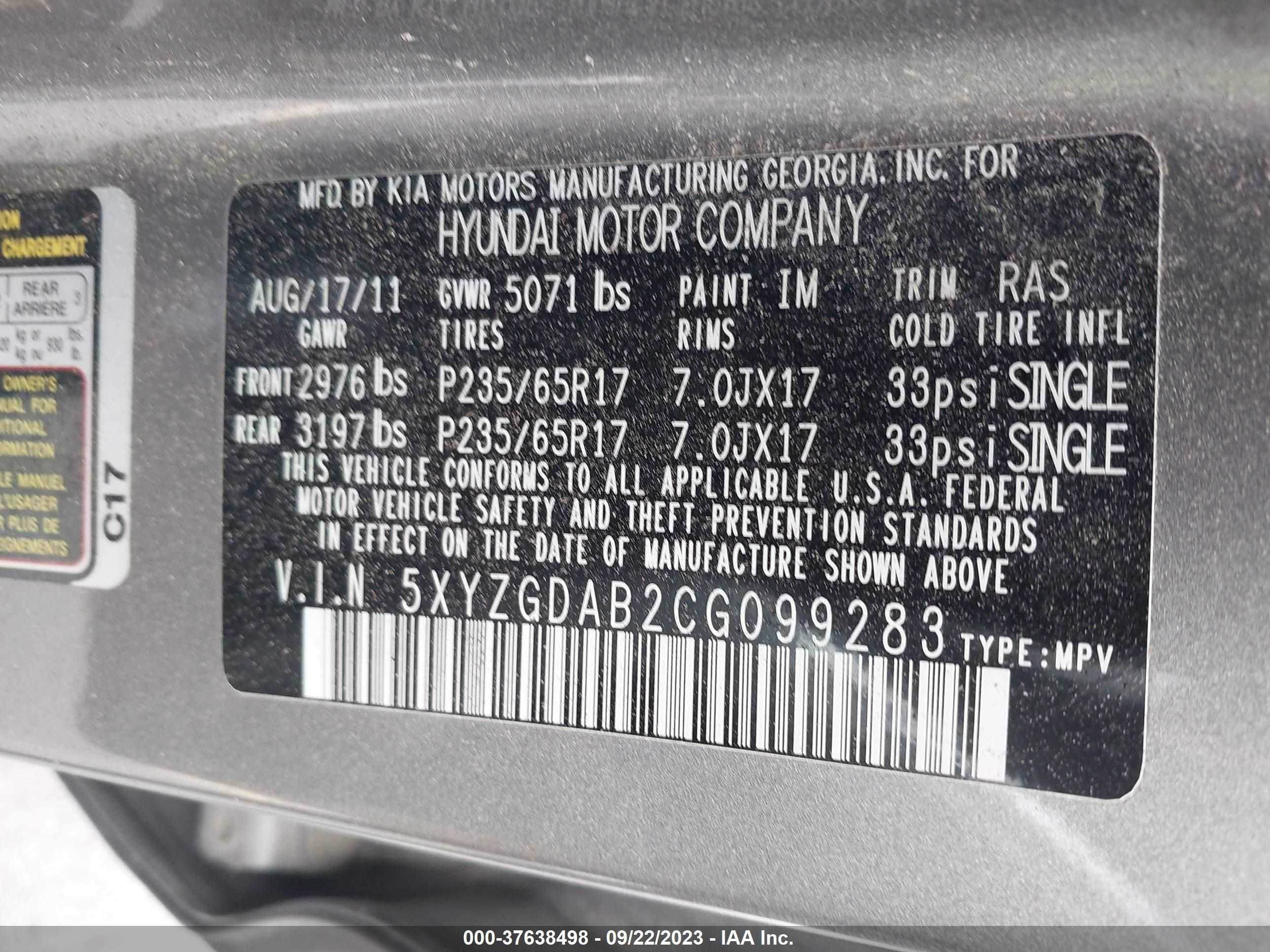 Photo 8 VIN: 5XYZGDAB2CG099283 - HYUNDAI SANTA FE 