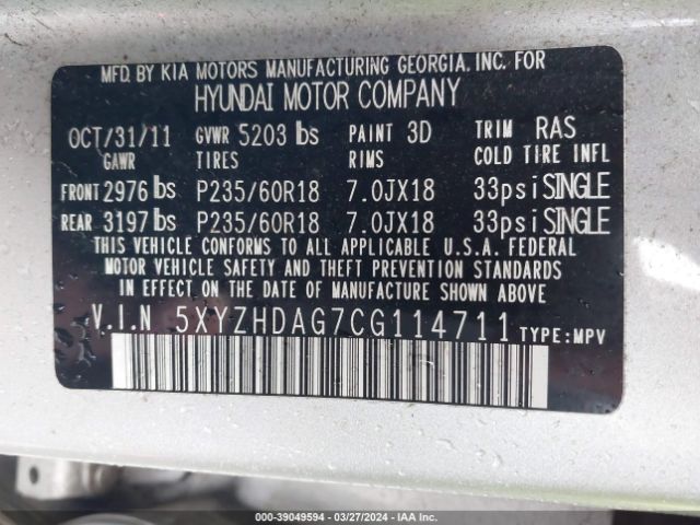 Photo 8 VIN: 5XYZHDAG7CG114711 - HYUNDAI SANTA FE 