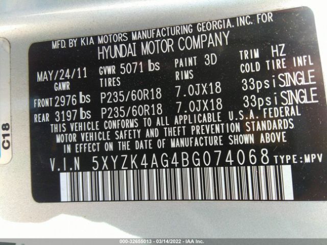 Photo 8 VIN: 5XYZK4AG4BG074068 - HYUNDAI SANTA FE 