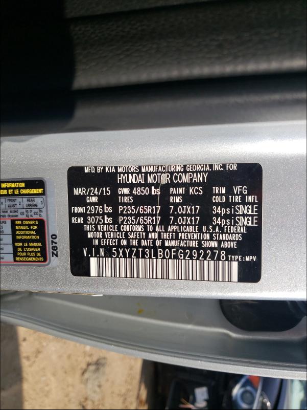 Photo 9 VIN: 5XYZT3LB0FG292278 - HYUNDAI SANTA FE S 