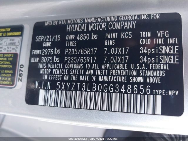 Photo 8 VIN: 5XYZT3LB0GG348656 - HYUNDAI SANTA FE 