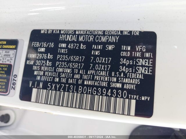 Photo 8 VIN: 5XYZT3LB0HG394330 - HYUNDAI SANTA FE 