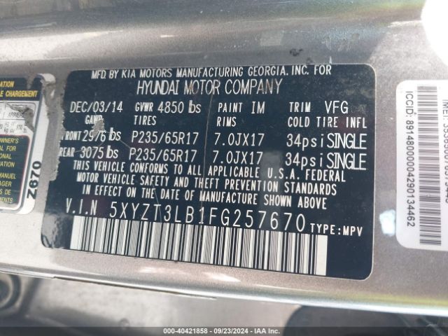 Photo 8 VIN: 5XYZT3LB1FG257670 - HYUNDAI SANTA FE 