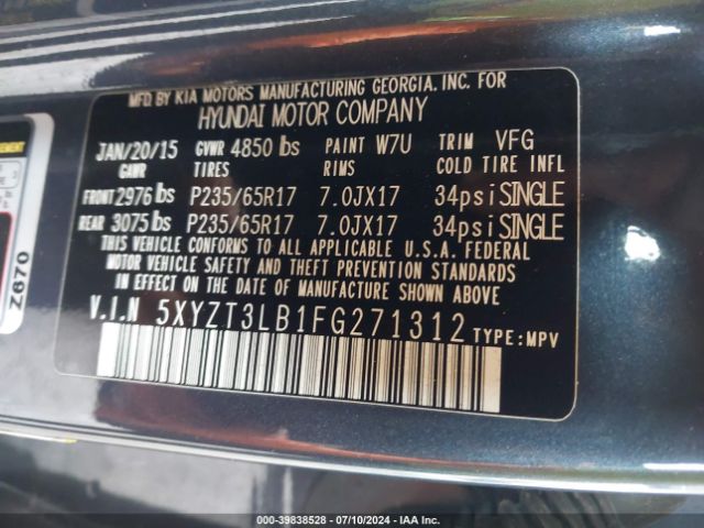 Photo 8 VIN: 5XYZT3LB1FG271312 - HYUNDAI SANTA FE 